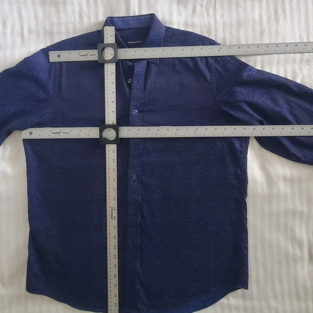 Bugatchi Navy All Over Geometric Pattern Shirt Me… - image 3